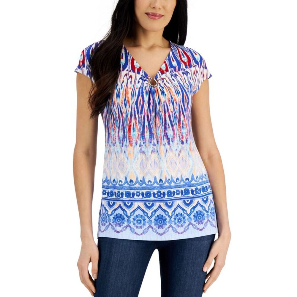 JM Collection Womens Ikat Print Ring Top